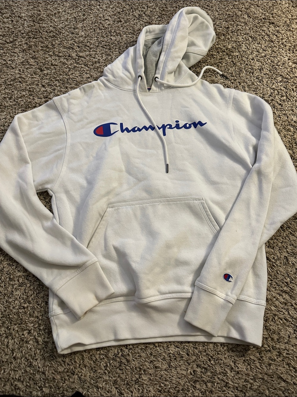 Champion White Hoodie with Blue & Red Script Logo - Men's Pullover (MRO)